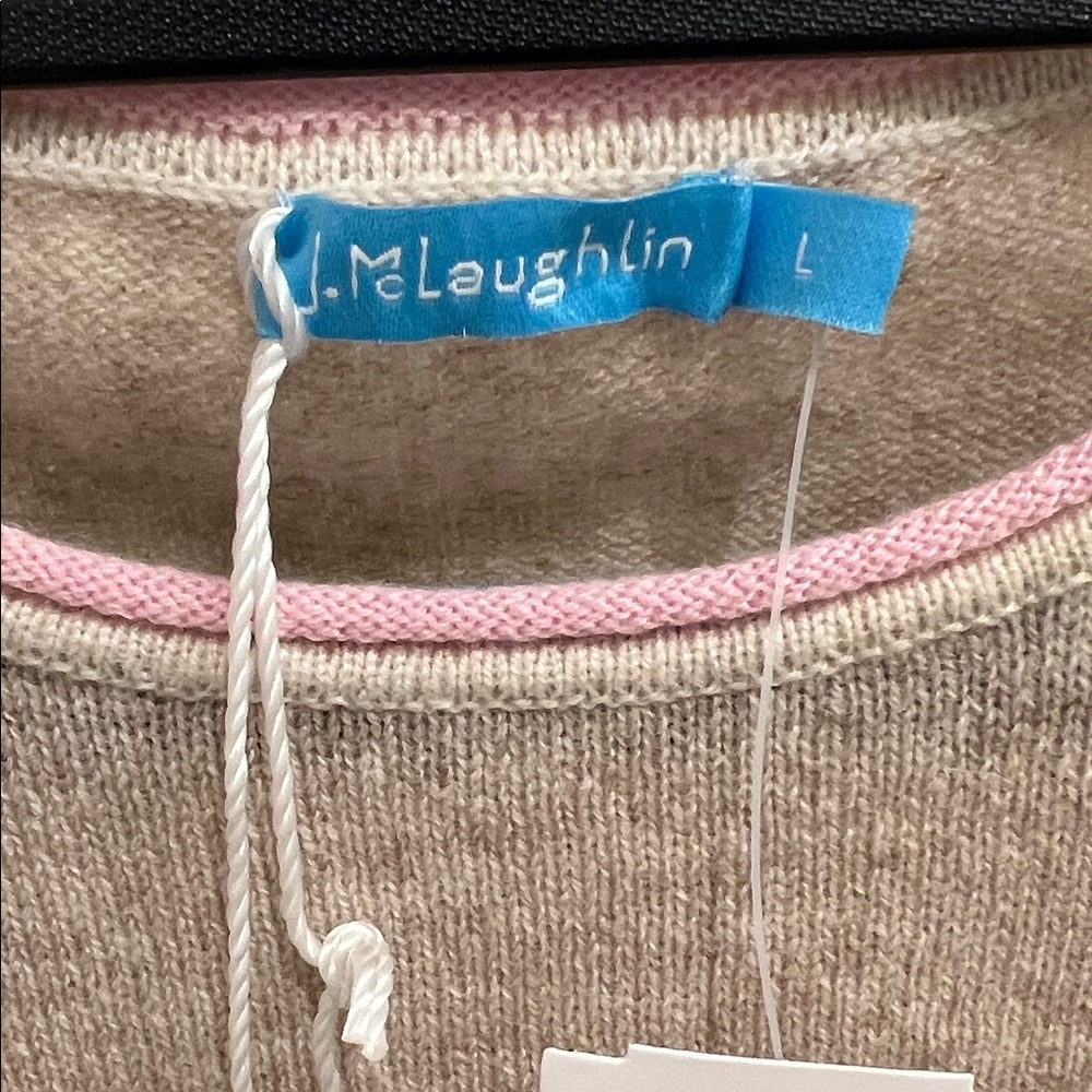 J. McLaughlin Tan Crewneck Sweater with Pink Trim - Picture 3 of 8